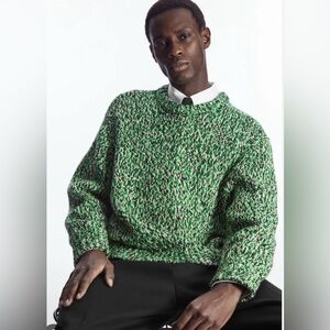 COS Men's Sweater Size XL Tri-Tone Wool Crew-Neck Jumper Green Fisherman